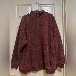 Cozy Brown Quarter Zip Sherpa Sweatshirt w pockets